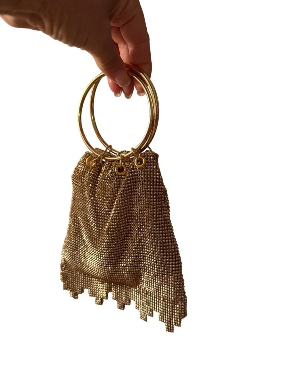 Whiting & Davis Womens Gold Mesh Evening Bag Ring Handles Ruffled Fringe Vintage